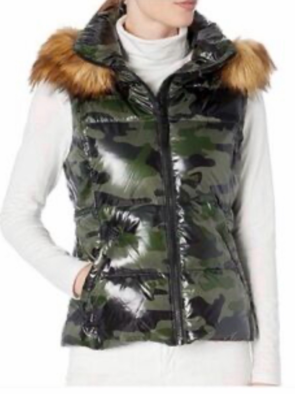 Camo Quilted Puffer Vest with Faux-Fur Trim - Green